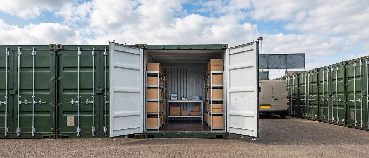 An open olive green shipping-container storage unit set up as a small packing station, with shelves of cardboard boxes and a packing table inside.