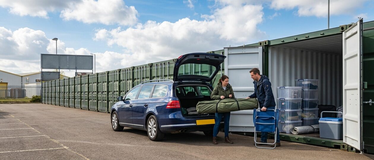 A couple lift a bagged caravan awning from the boot of an estate car towards an open olive green storage container stacked with plastic crates and a cool box.