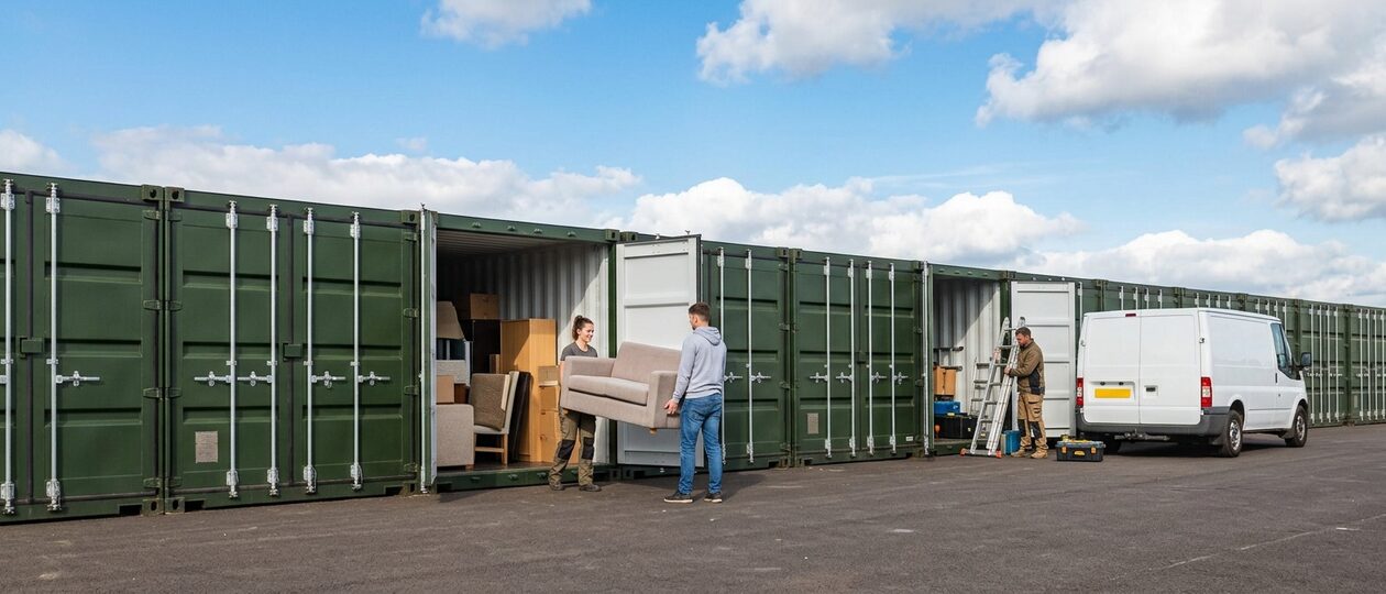 A couple carry a sofa into an open olive green storage container already holding furniture, while a tradesman loads a van further along the row.