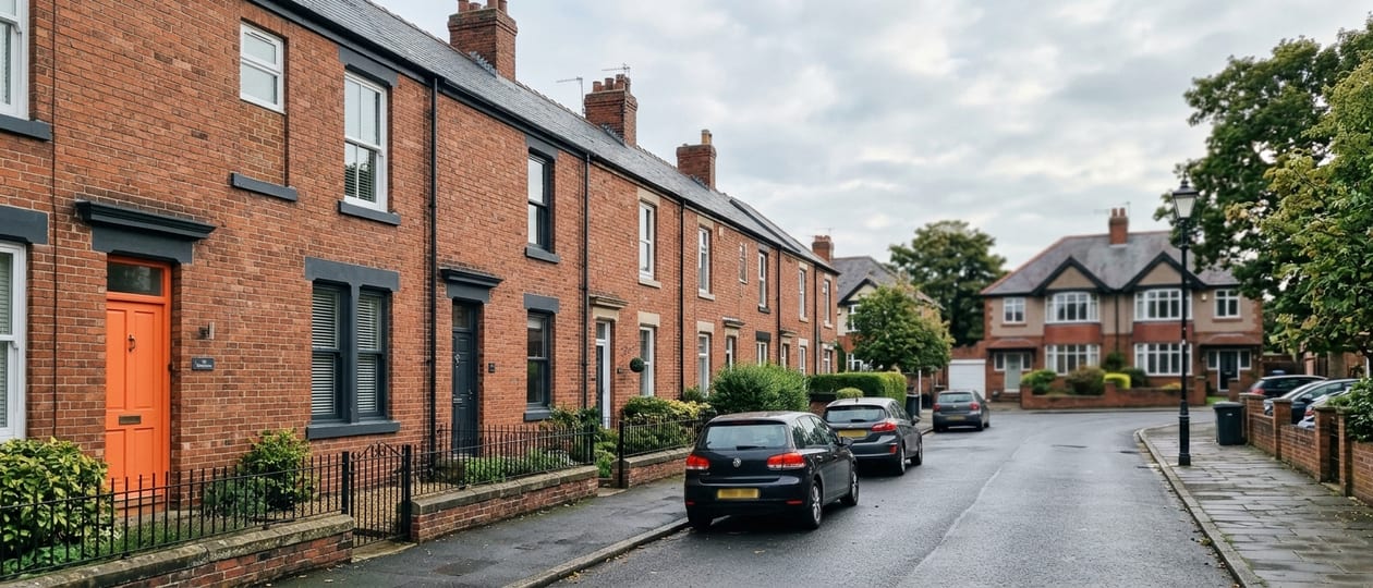 Red-brick terraced houses with an orange front door on a quiet Teesside street, semi-detached homes on the corner beyond