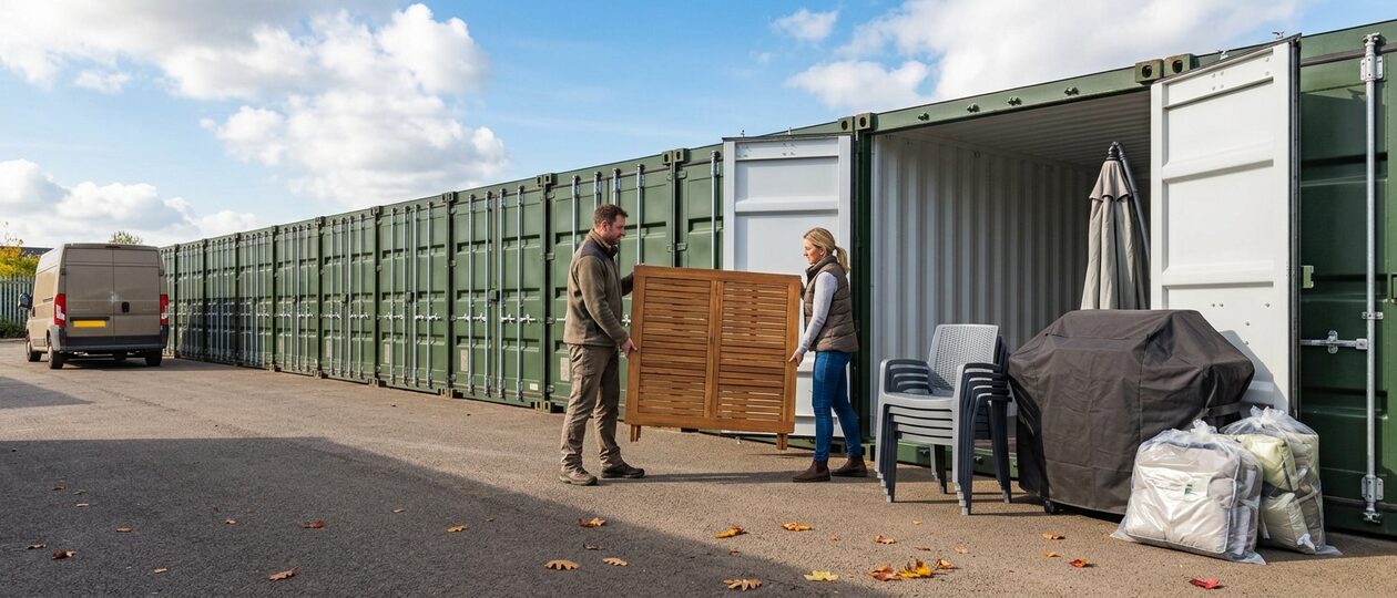 A man and a woman carry a folded wooden garden table into an open olive green storage container, beside stacked patio chairs, a covered barbecue and bagged cushions.