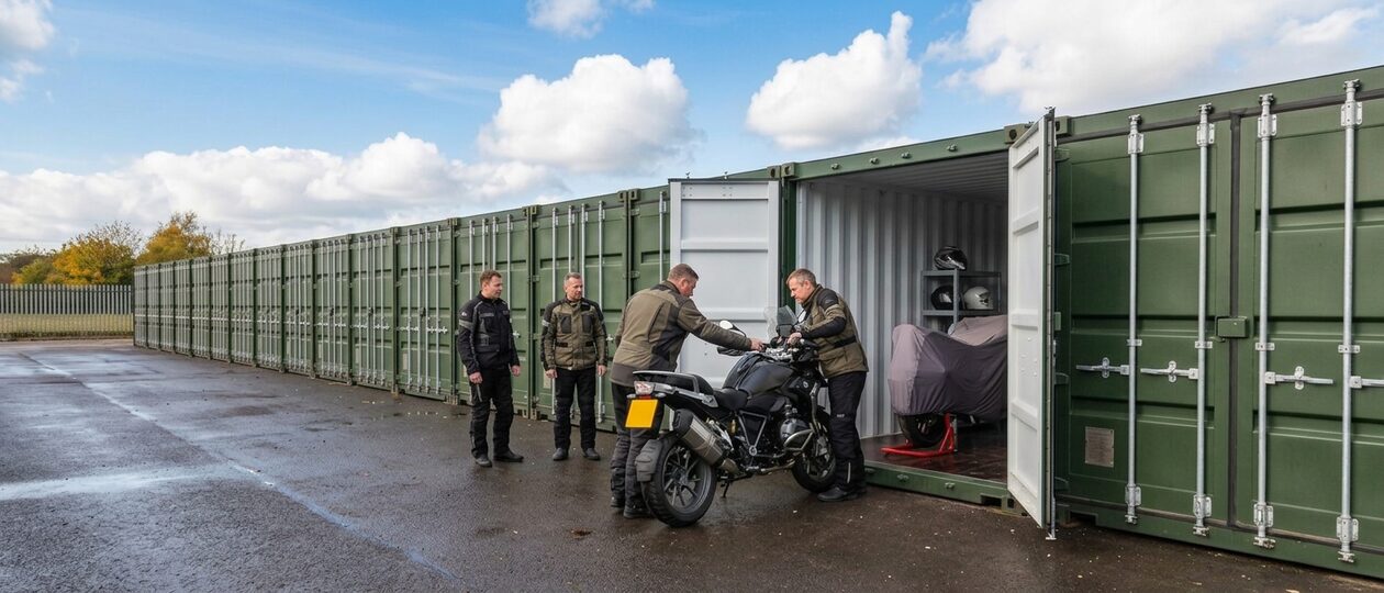 Riders in motorcycle jackets wheel a motorbike into an open olive green storage container where a second bike sits under a cover.