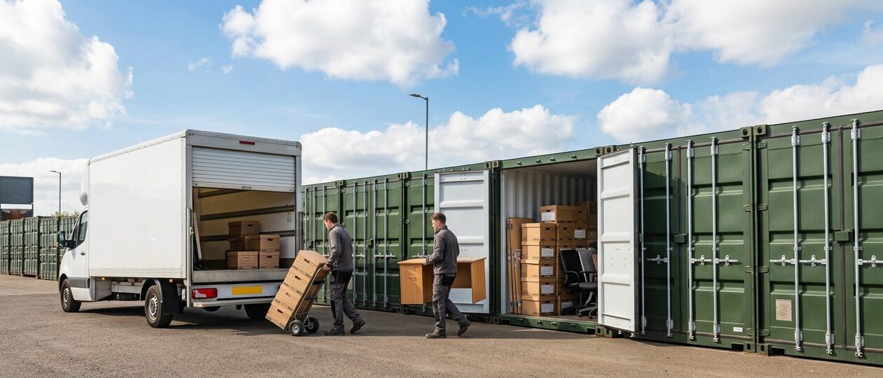 Two people move a desk and a sack truck of archive boxes from a white box van into an open olive green shipping-container storage unit.