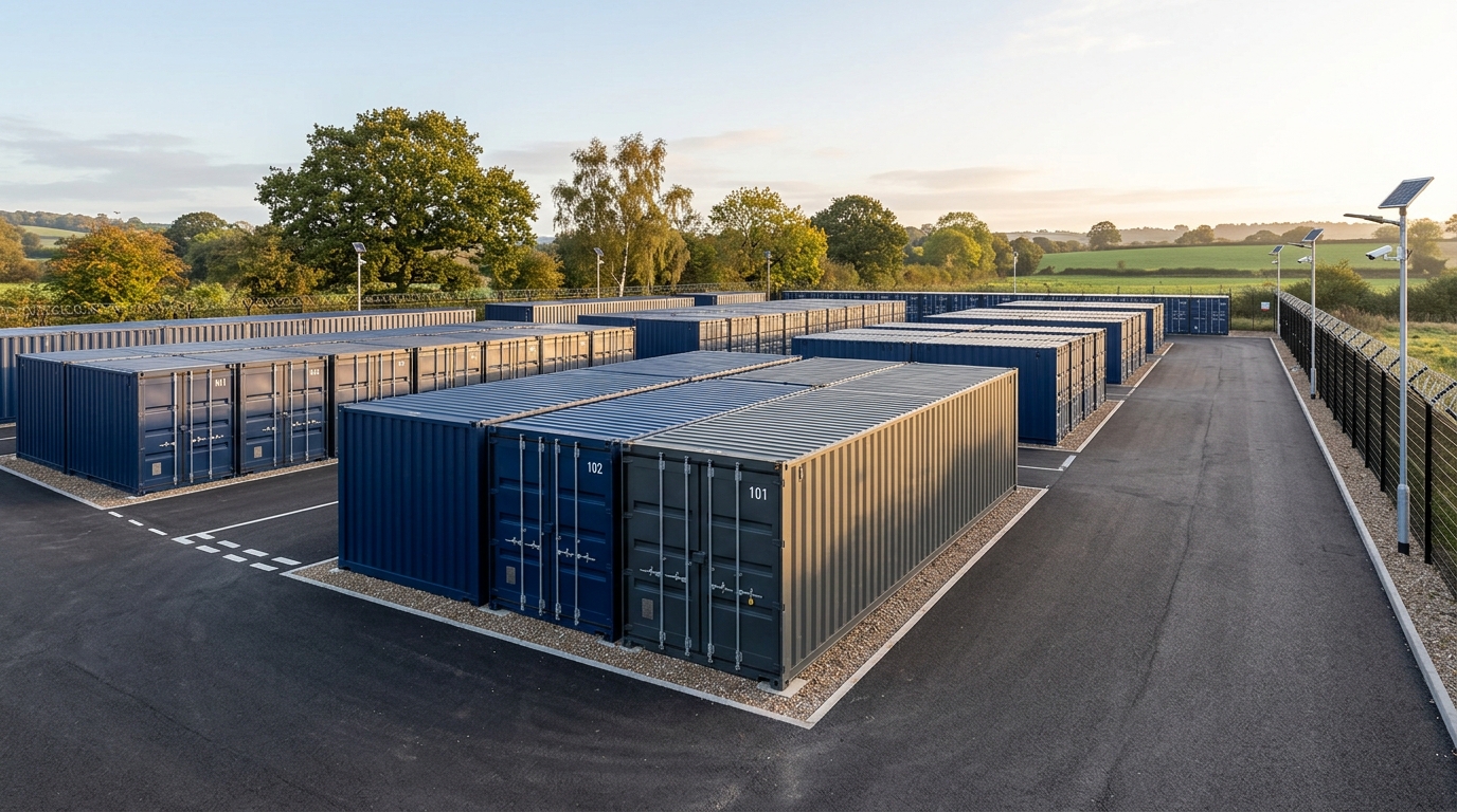 Row of secure navy blue and charcoal shipping containers at a modern UK self-storage facility with perimeter security